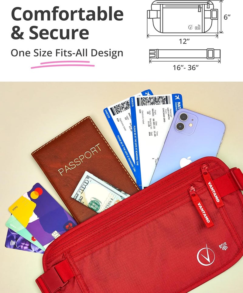 Vantamo Money Belt with RFID For Men & Women, Hidden Passport Holder for Travel, 2 Compartment Travel Fanny Pack for Women Anti Theft - Image 4